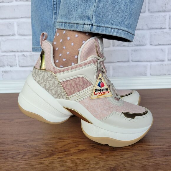 ❤️Michael Kors Olympia Mixed Media Trainer Platform 8M Women Shoes Sneakers Pink - Picture 4 of 12